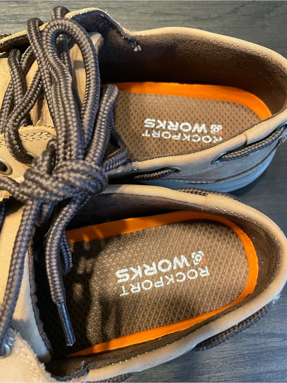 Rockport Works Men's Brown Leather Steel Toe Boat Shoes with Dark Brown Laces